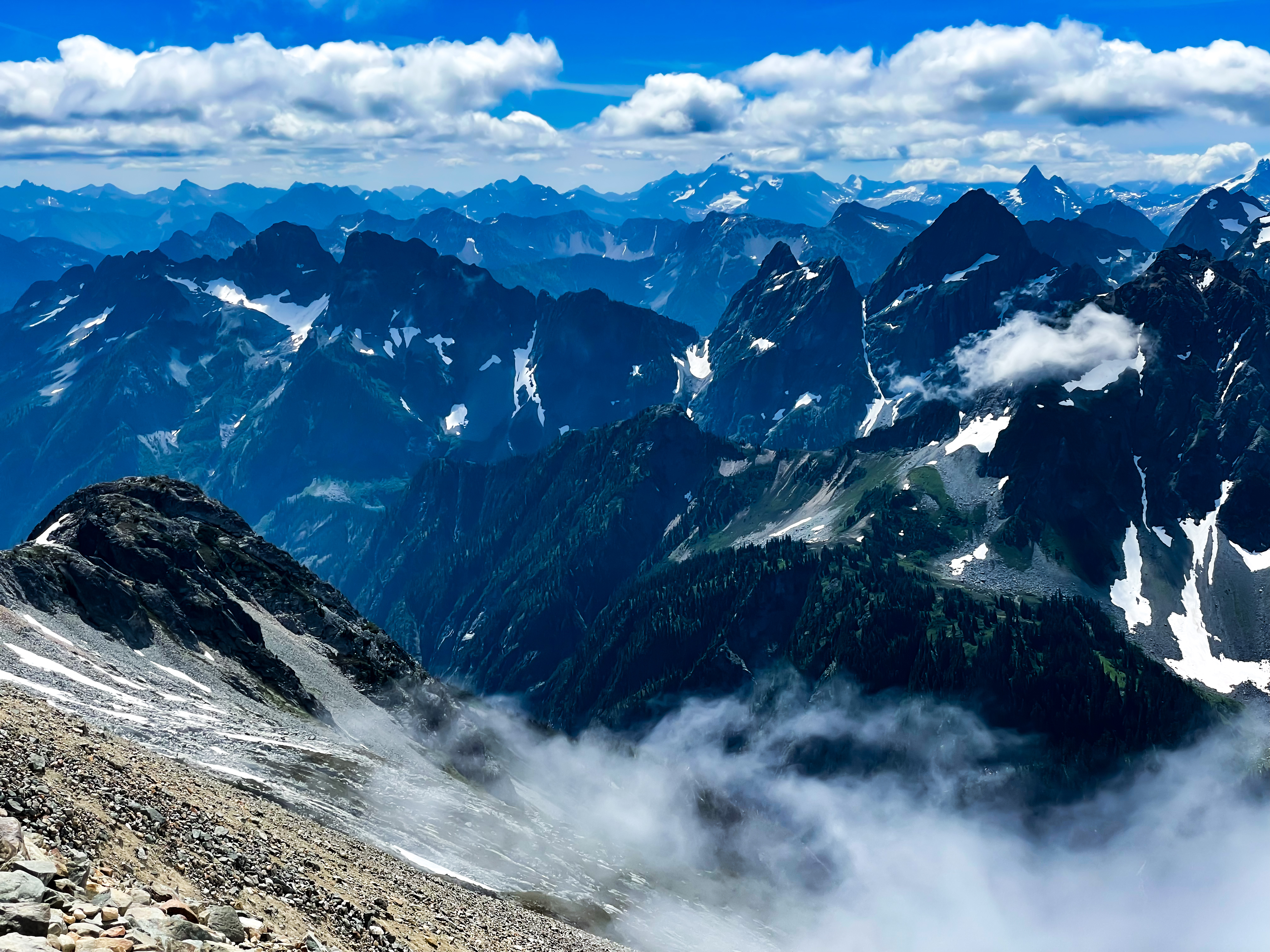 North Cascades mountain peaks at dawn with atmospheric haze